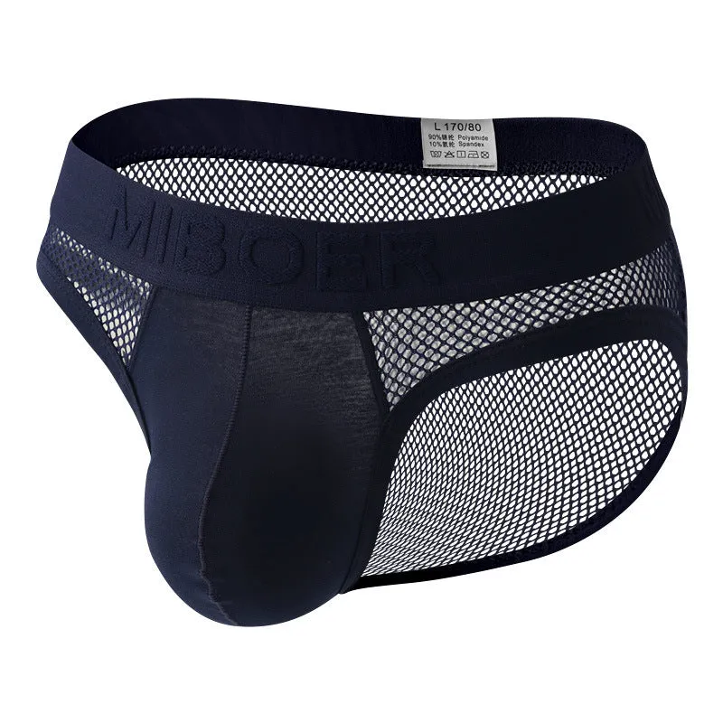 Men's low-waist solid colour briefs in high elastic mesh fabric, shown in multiple colours.