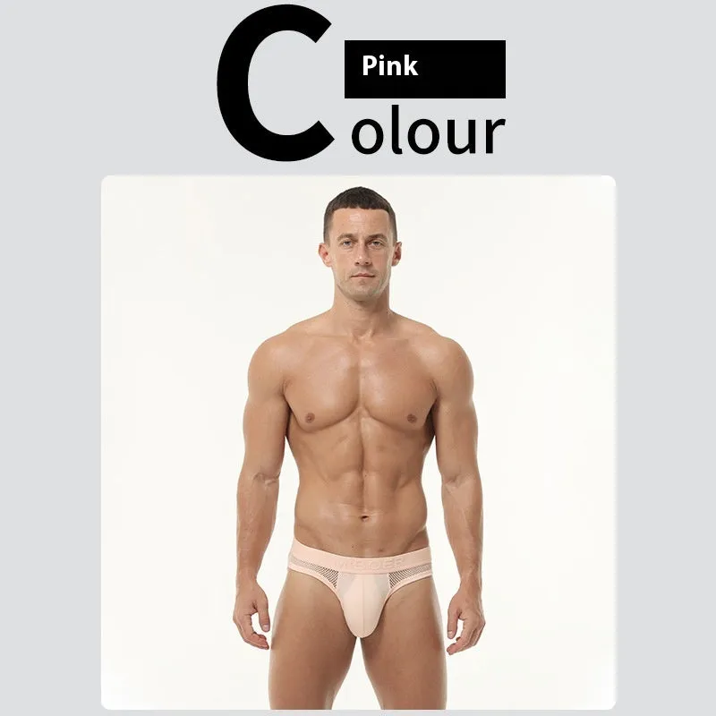 Men's low-waist solid colour briefs in high elastic mesh fabric, shown in multiple colours.