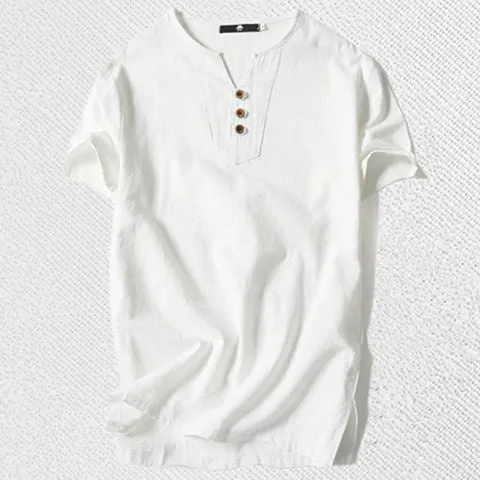 Men's loose cotton linen blend T-shirt in grey shown on model