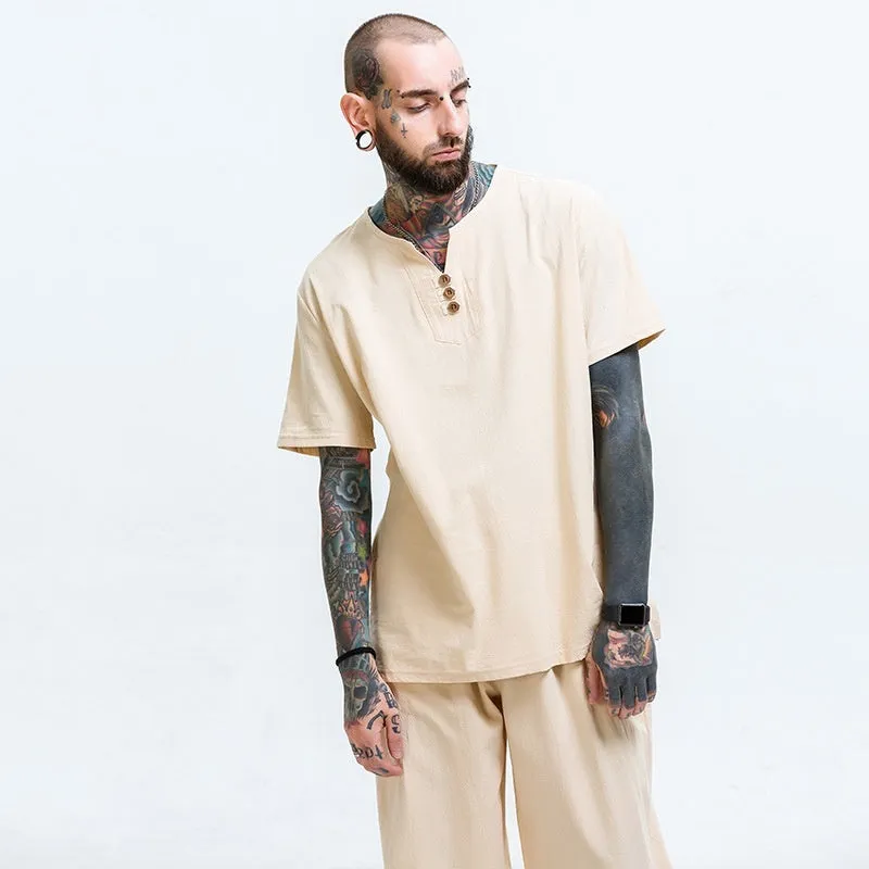 Men's loose cotton linen blend T-shirt in grey shown on model