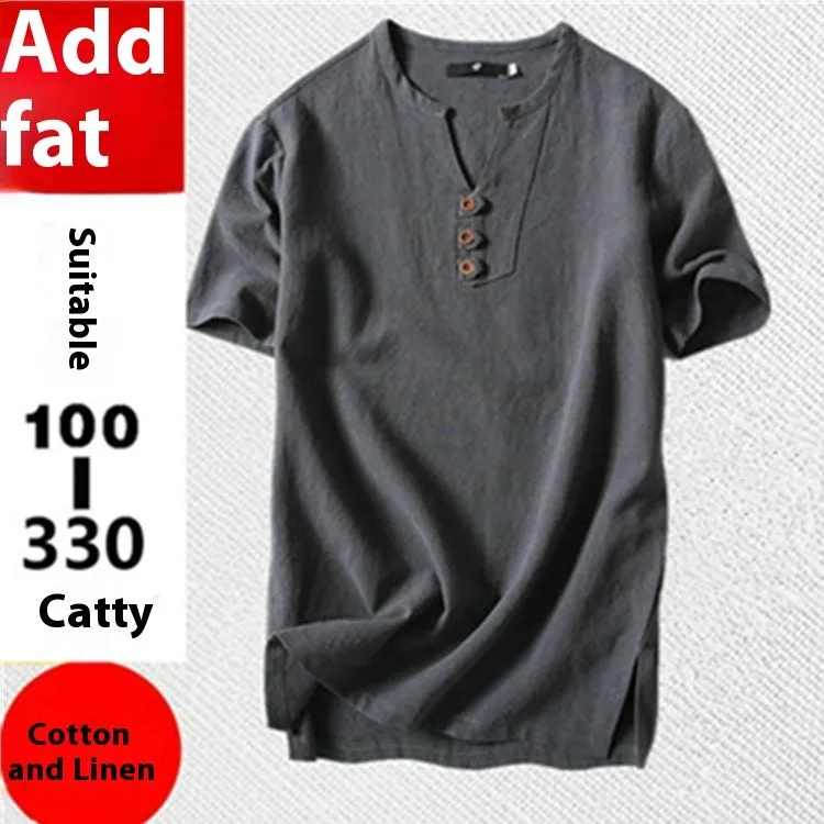 Men's loose cotton linen blend T-shirt in grey shown on model