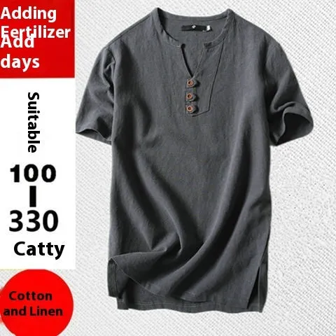 Men's loose cotton linen blend T-shirt in grey shown on model