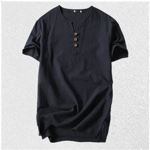 Men's loose cotton linen blend T-shirt in grey shown on model