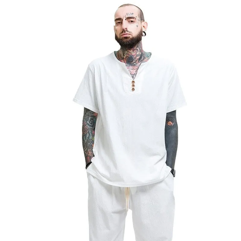 Men's loose cotton linen blend T-shirt in grey shown on model
