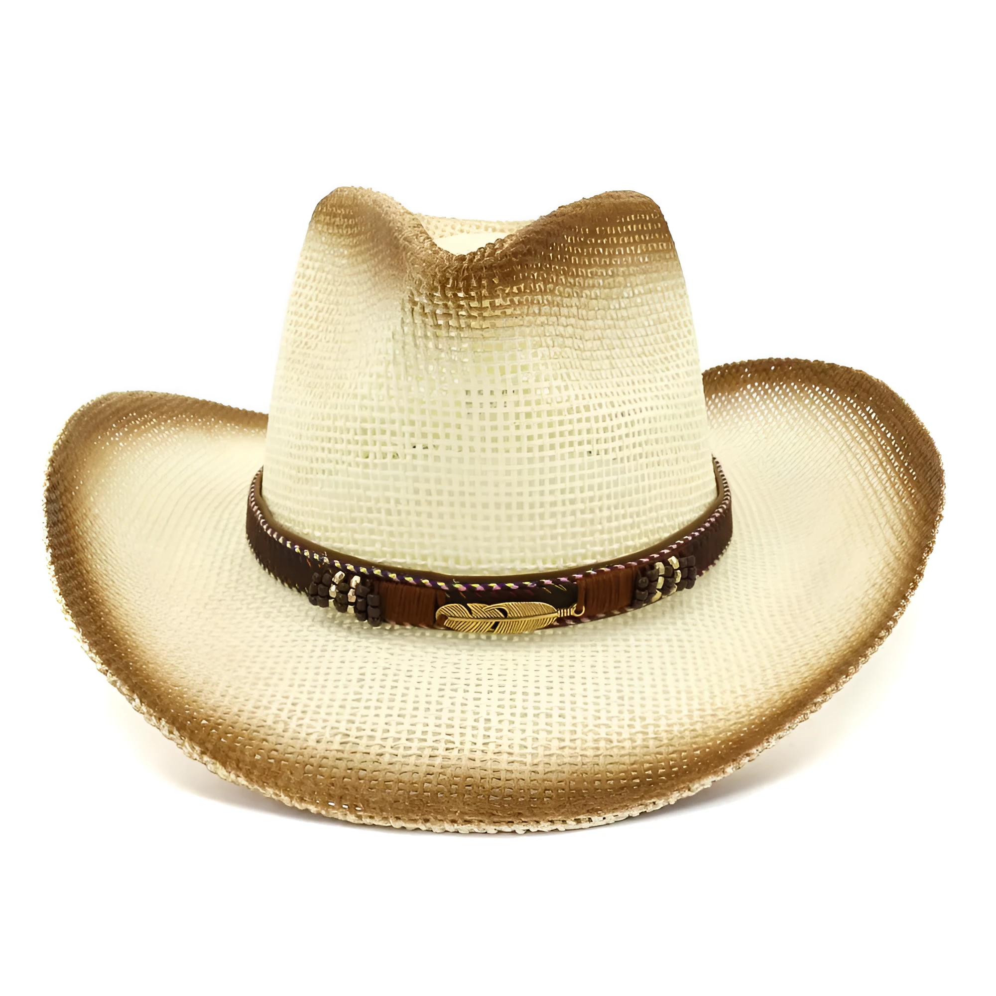 Western-style paper straw cowboy hat with bell crown in neutral colour