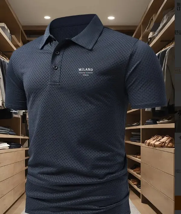 Men's loose fit printed lapel polo shirt in pinhole cloth fabric, shown in one of eleven available colours.