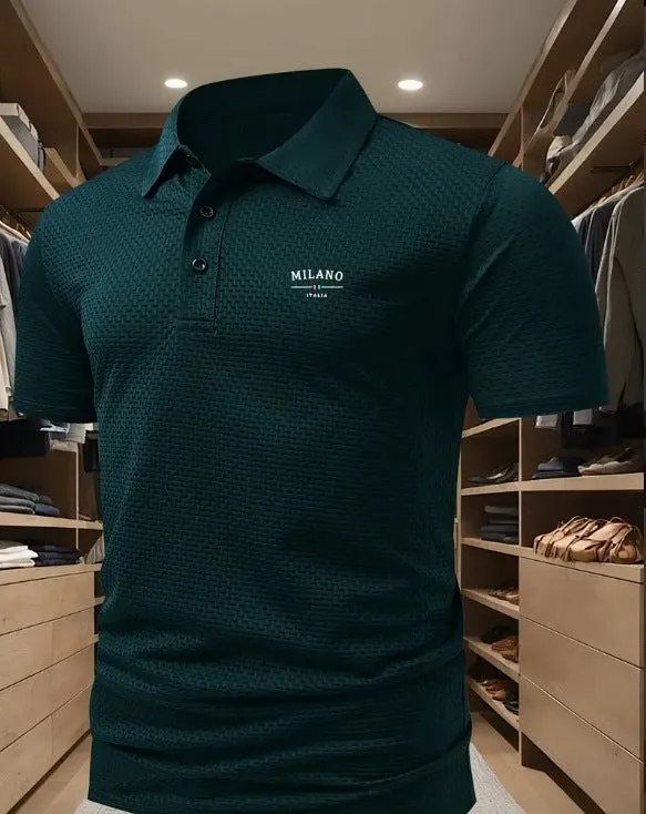 Men's loose fit printed lapel polo shirt in pinhole cloth fabric, shown in one of eleven available colours.