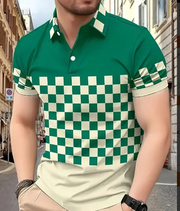Men's loose fit printed lapel polo shirt in pinhole cloth fabric, shown in one of eleven available colours.