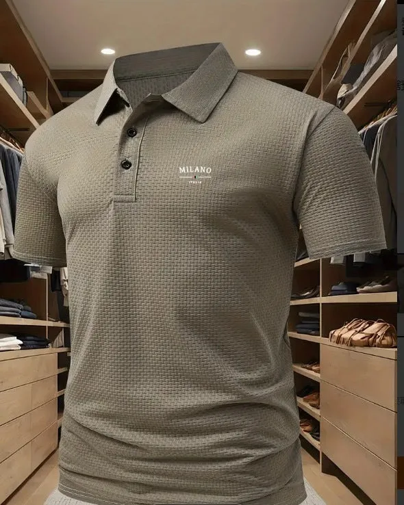 Men's loose fit printed lapel polo shirt in pinhole cloth fabric, shown in one of eleven available colours.