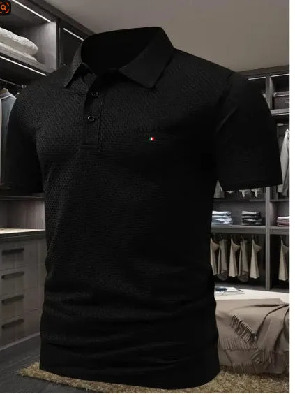 Men's loose fit printed lapel polo shirt in pinhole cloth fabric, shown in one of eleven available colours.