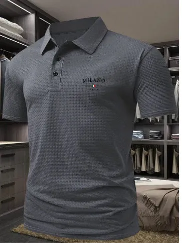 Men's loose fit printed lapel polo shirt in pinhole cloth fabric, shown in one of eleven available colours.