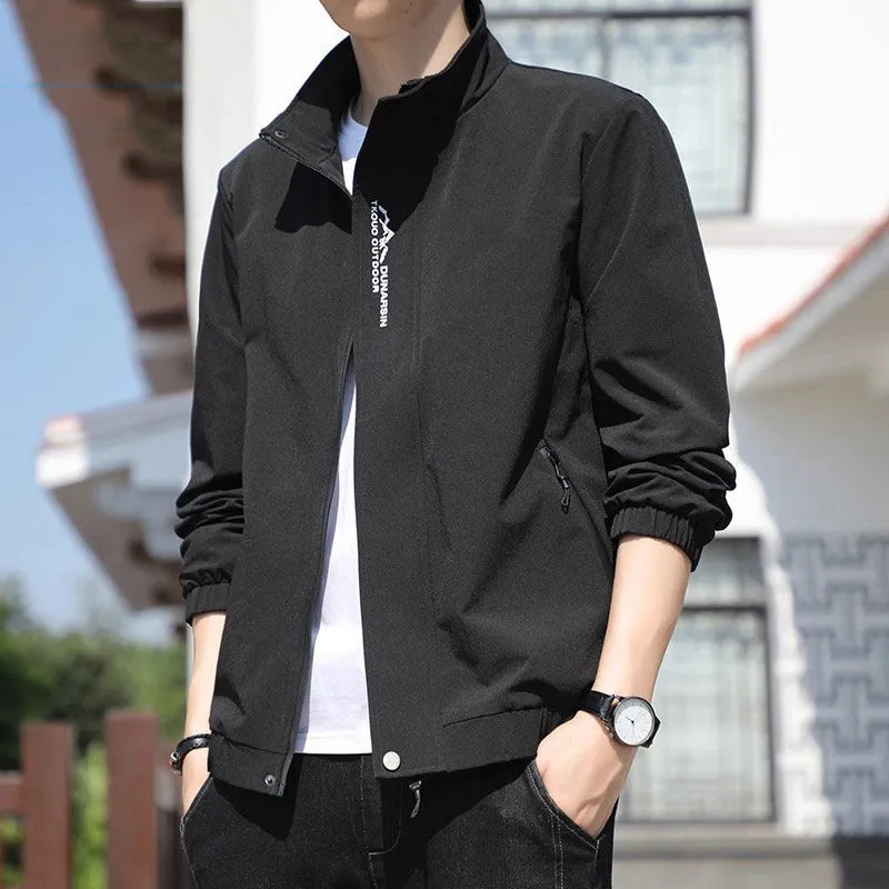 Men's black stand collar casual sports coat with straight hem and long sleeves on a hanger.