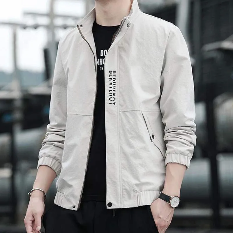 Men's black stand collar casual sports coat with straight hem and long sleeves on a hanger.
