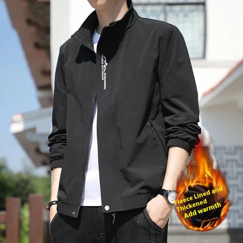 Men's black stand collar casual sports coat with straight hem and long sleeves on a hanger.