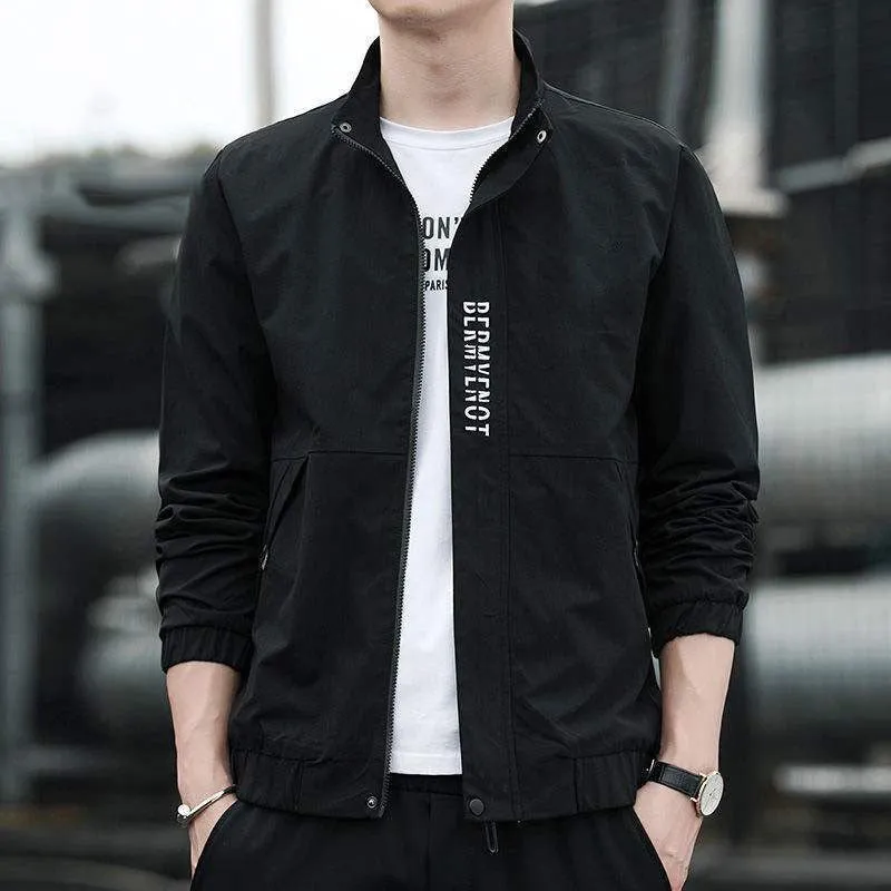 Men's black stand collar casual sports coat with straight hem and long sleeves on a hanger.