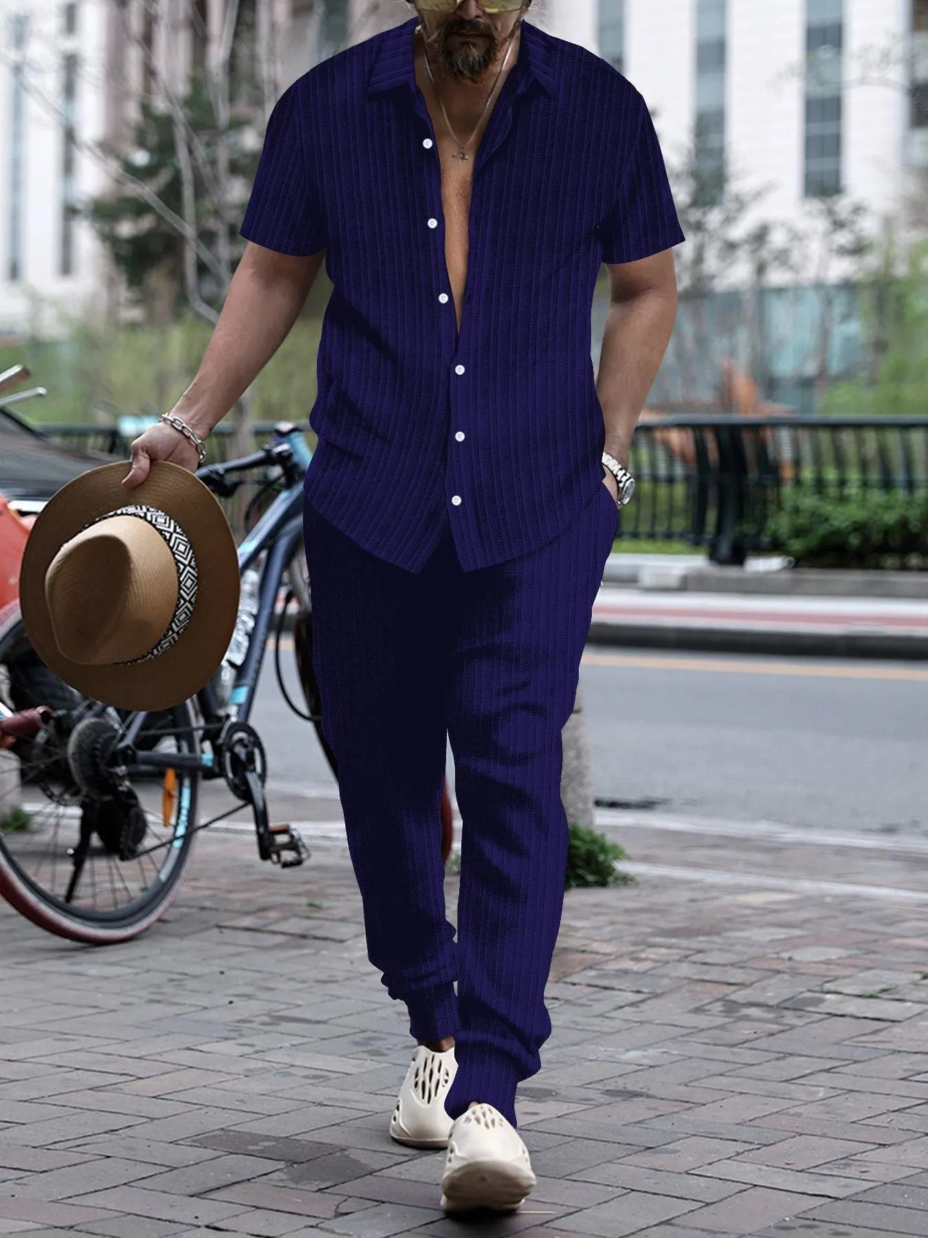 Men's casual loose short sleeve shirt and trousers beach suit set in white, cotton blend fabric