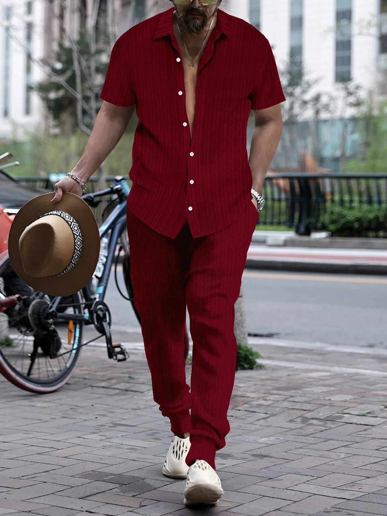 Men's casual loose short sleeve shirt and trousers beach suit set in white, cotton blend fabric