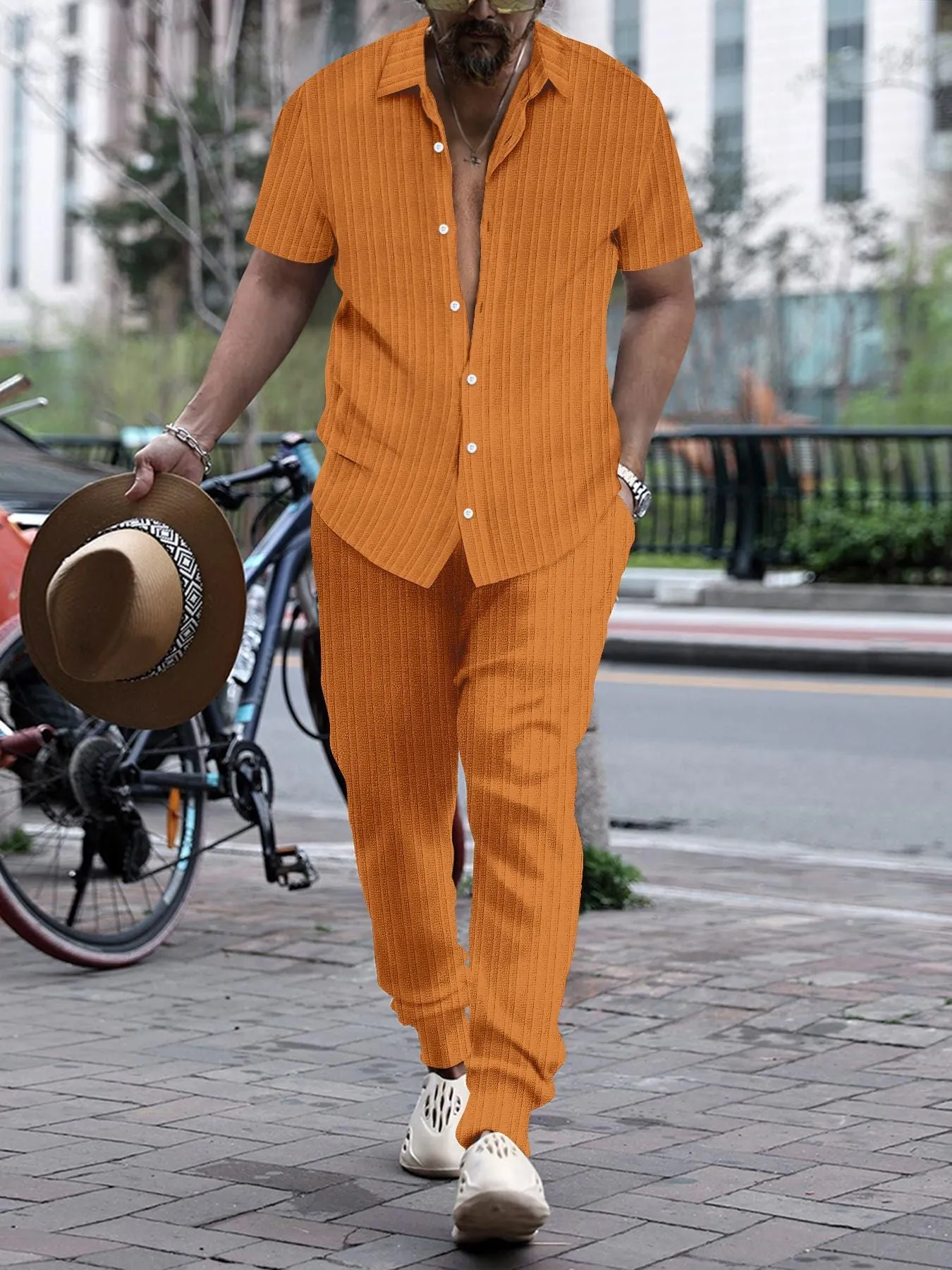 Men's casual loose short sleeve shirt and trousers beach suit set in white, cotton blend fabric