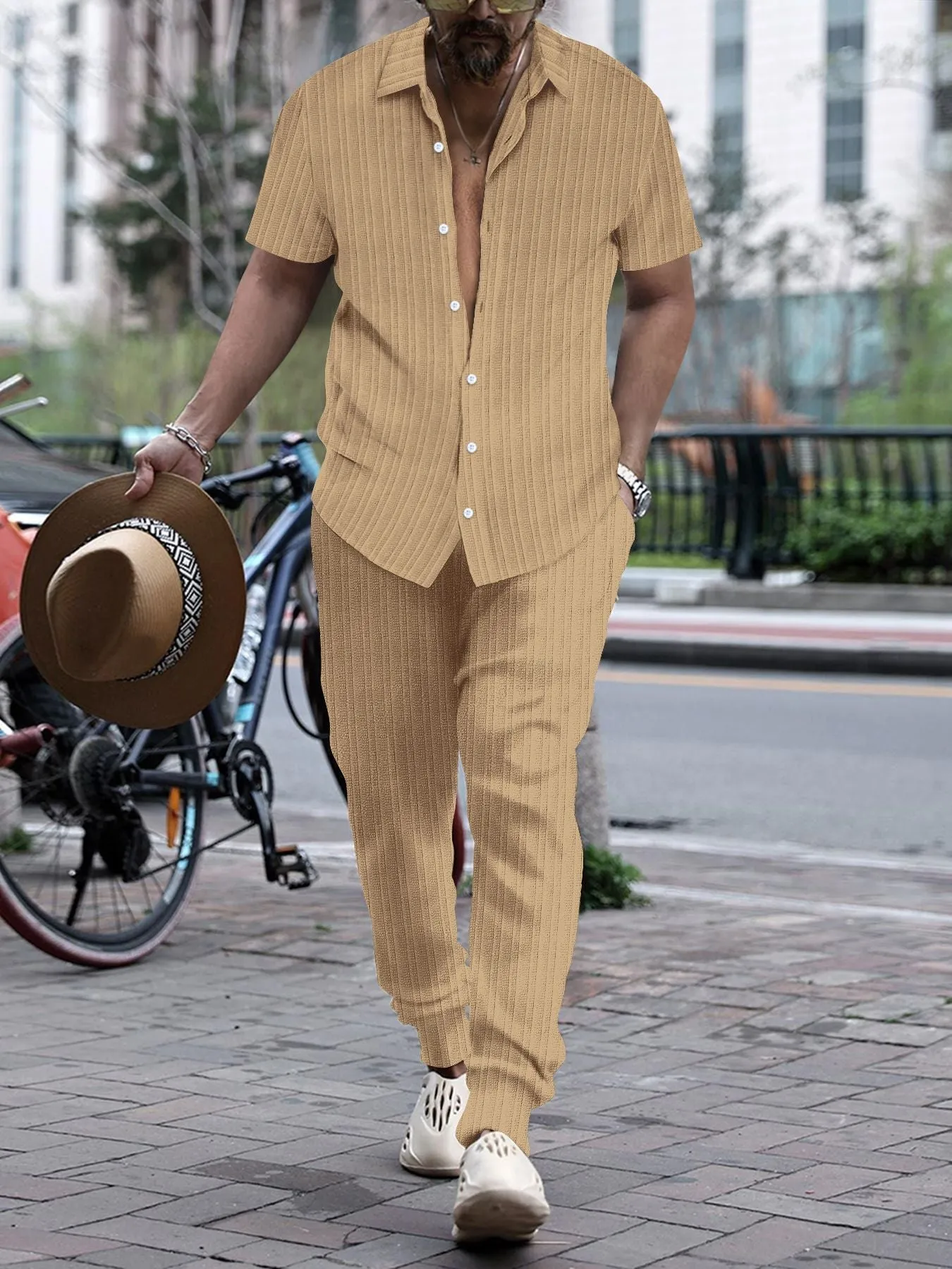 Men's casual loose short sleeve shirt and trousers beach suit set in white, cotton blend fabric