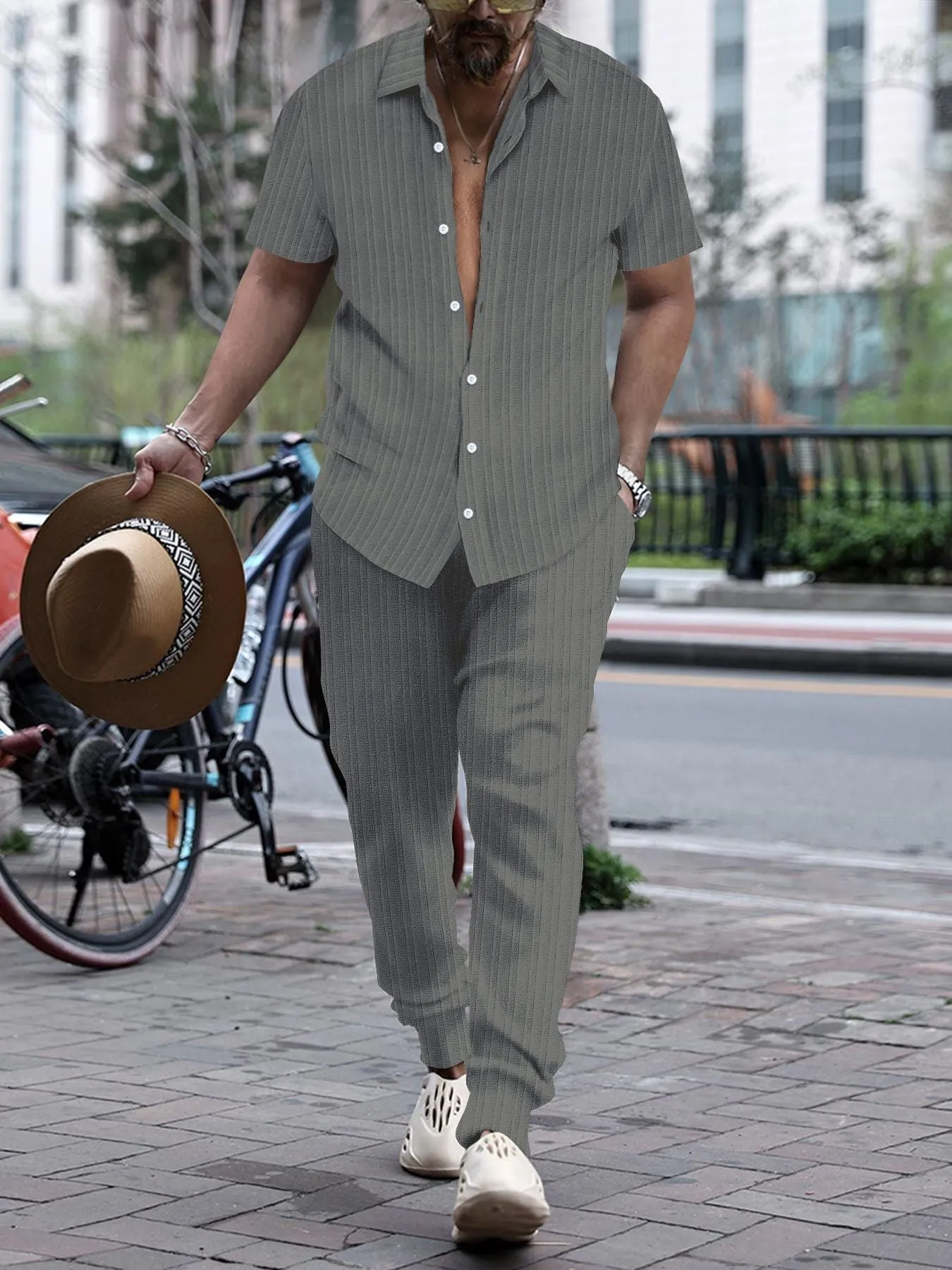 Men's casual loose short sleeve shirt and trousers beach suit set in white, cotton blend fabric