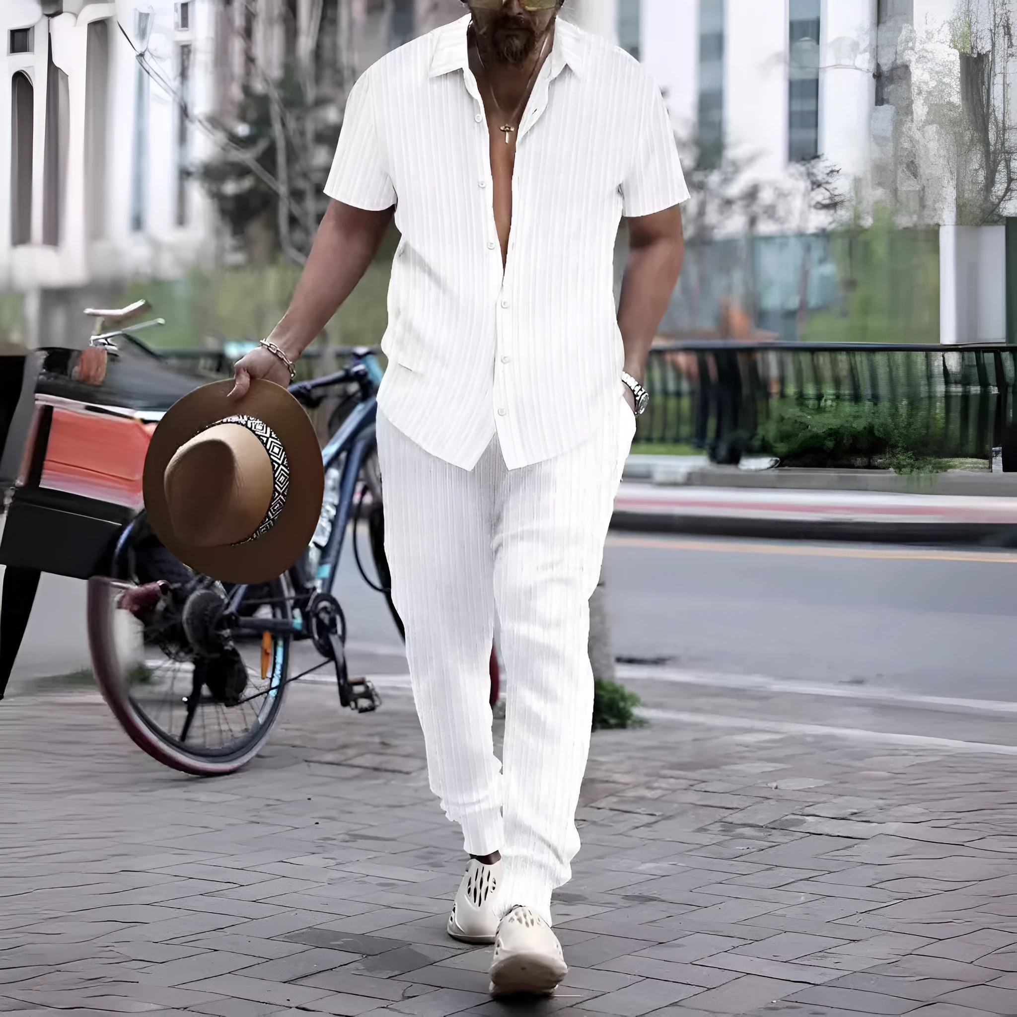Men's casual loose short sleeve shirt and trousers beach suit set in white, cotton blend fabric