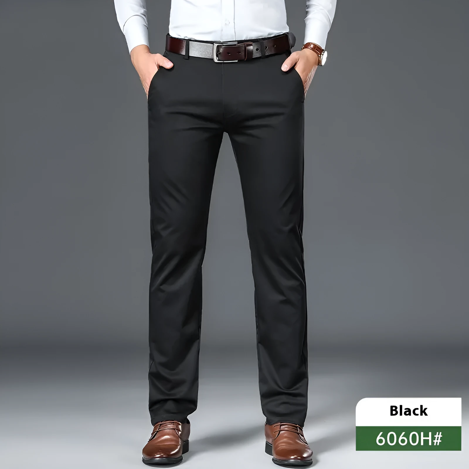 Men's thin straight-leg trousers in black on a hanger, showing the business casual cut and non-iron fabric.