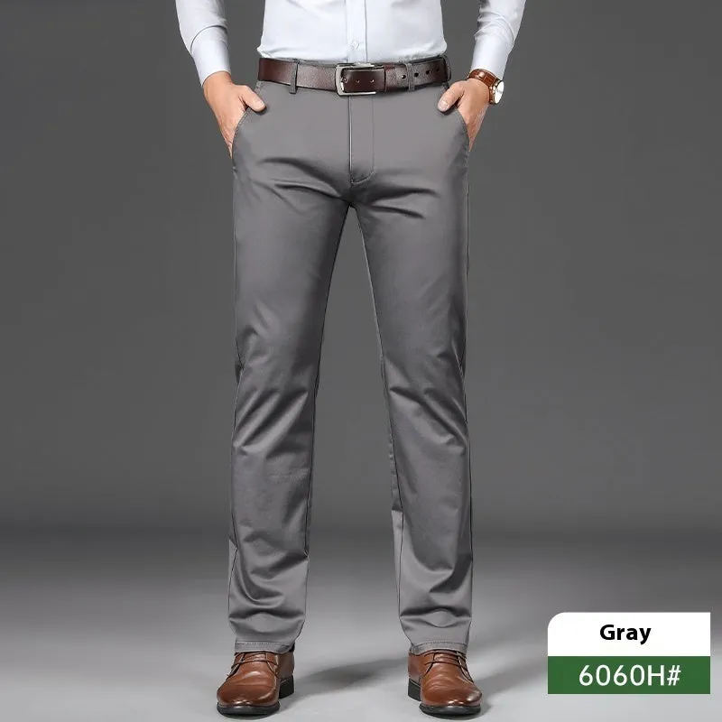 Men's thin straight-leg trousers in black on a hanger, showing the business casual cut and non-iron fabric.