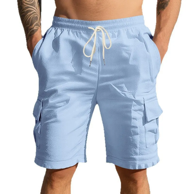Men's cotton linen casual shorts with multiple pockets in loose fit straight leg design