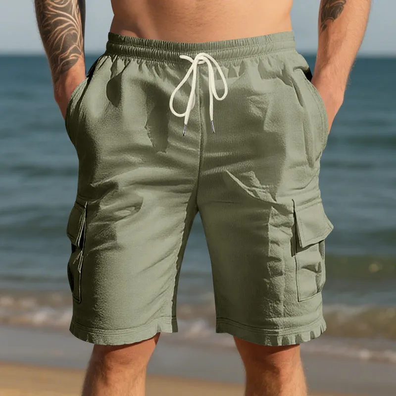 Men's cotton linen casual shorts with multiple pockets in loose fit straight leg design