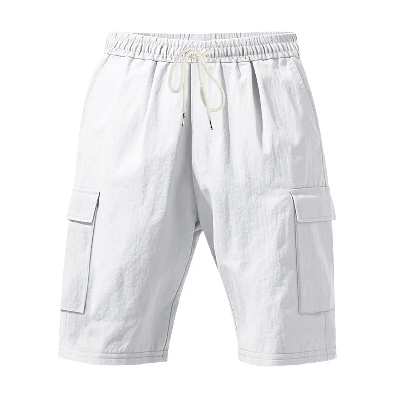 Men's cotton linen casual shorts with multiple pockets in loose fit straight leg design
