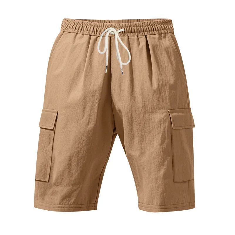 Men's cotton linen casual shorts with multiple pockets in loose fit straight leg design