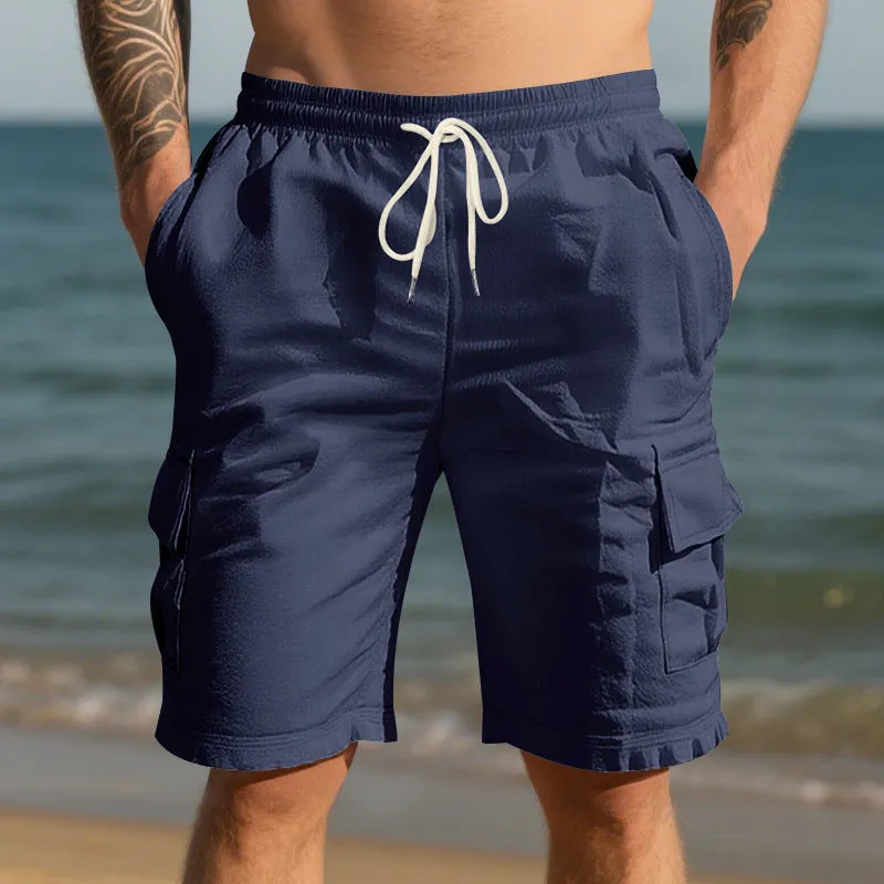 Men's cotton linen casual shorts with multiple pockets in loose fit straight leg design