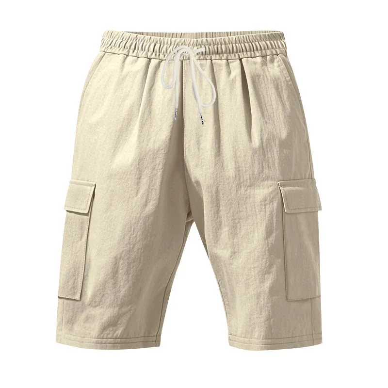 Men's cotton linen casual shorts with multiple pockets in loose fit straight leg design