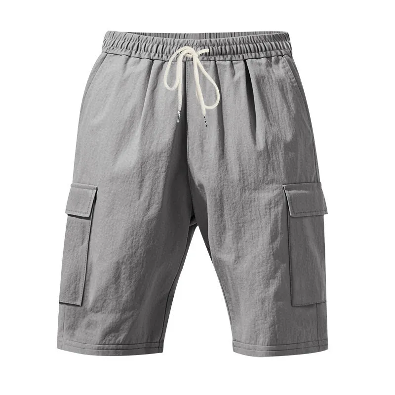 Men's cotton linen casual shorts with multiple pockets in loose fit straight leg design