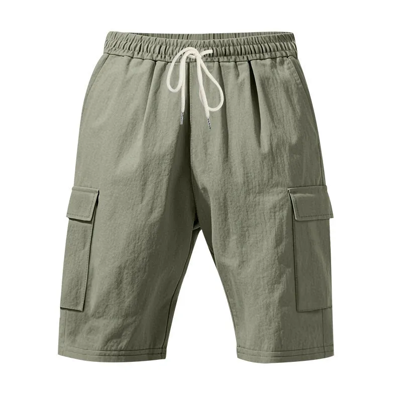 Men's cotton linen casual shorts with multiple pockets in loose fit straight leg design