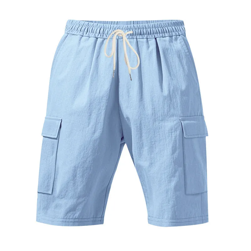 Men's cotton linen casual shorts with multiple pockets in loose fit straight leg design