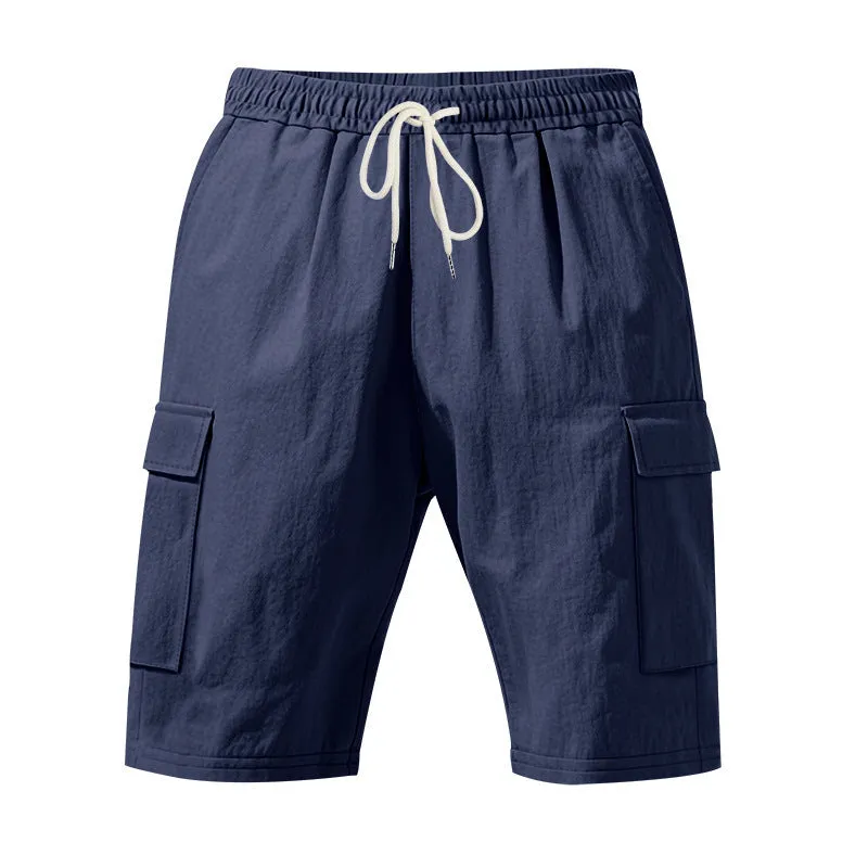 Men's cotton linen casual shorts with multiple pockets in loose fit straight leg design