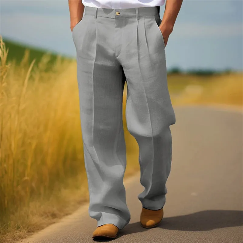 Men's linen blend solid colour loose straight casual trousers in khaki, side view