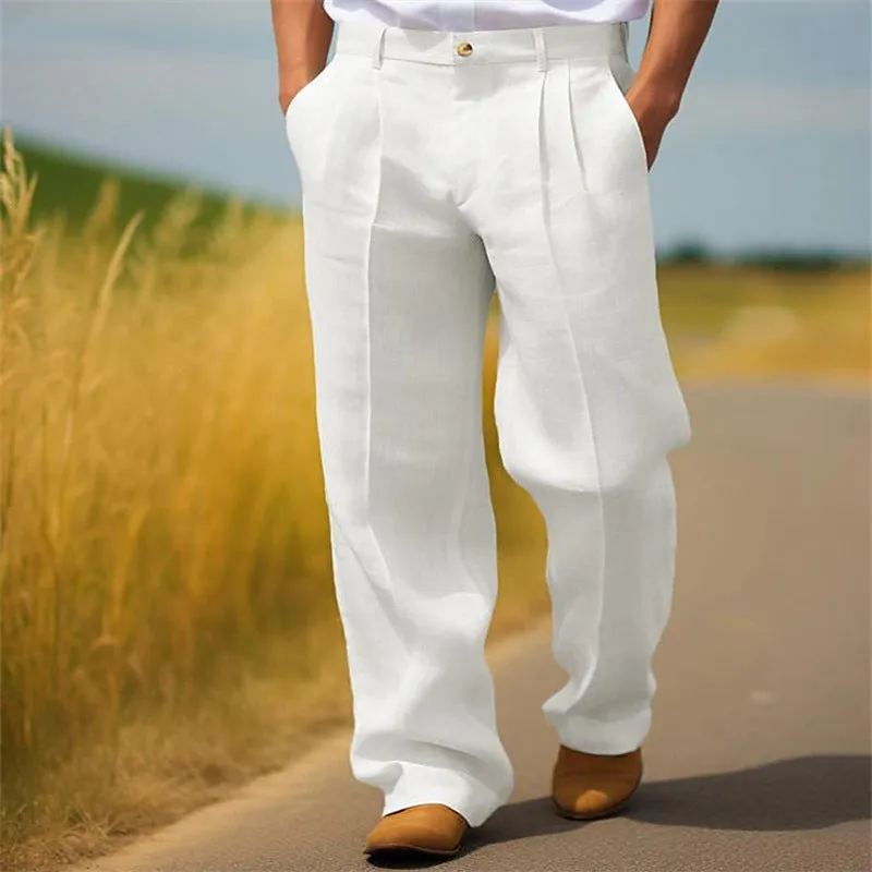 Men's linen blend solid colour loose straight casual trousers in khaki, side view