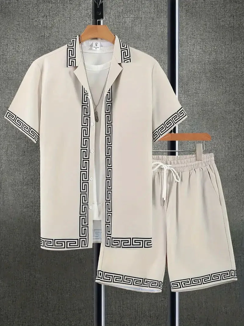Men's wild printed short sleeve shirt and shorts set in a young casual style for summer leisure, polyester fibre blend fabric