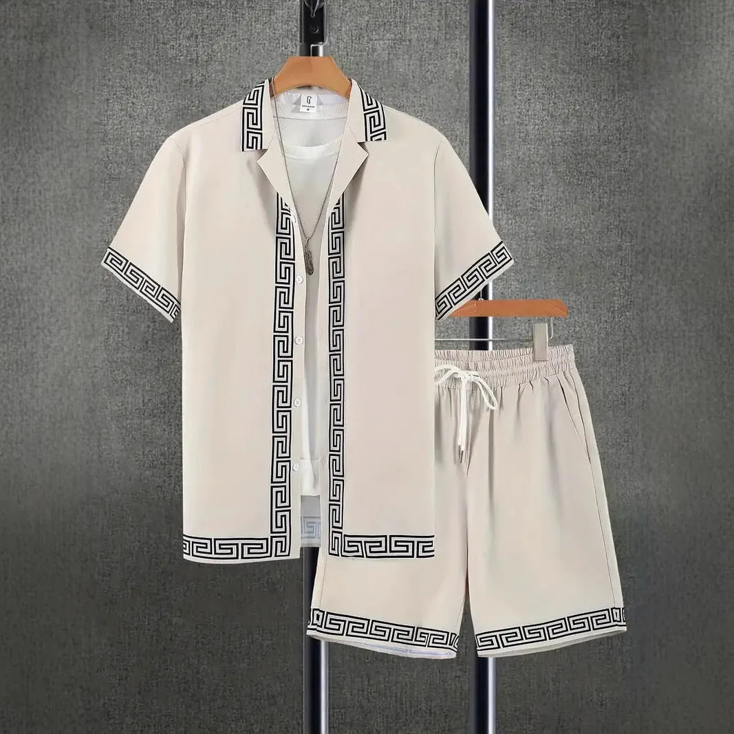 Men's wild printed short sleeve shirt and shorts set in a young casual style for summer leisure, polyester fibre blend fabric