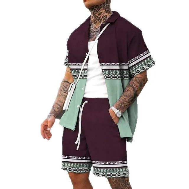 Men's wild printed short sleeve shirt and shorts set in a young casual style for summer leisure, polyester fibre blend fabric