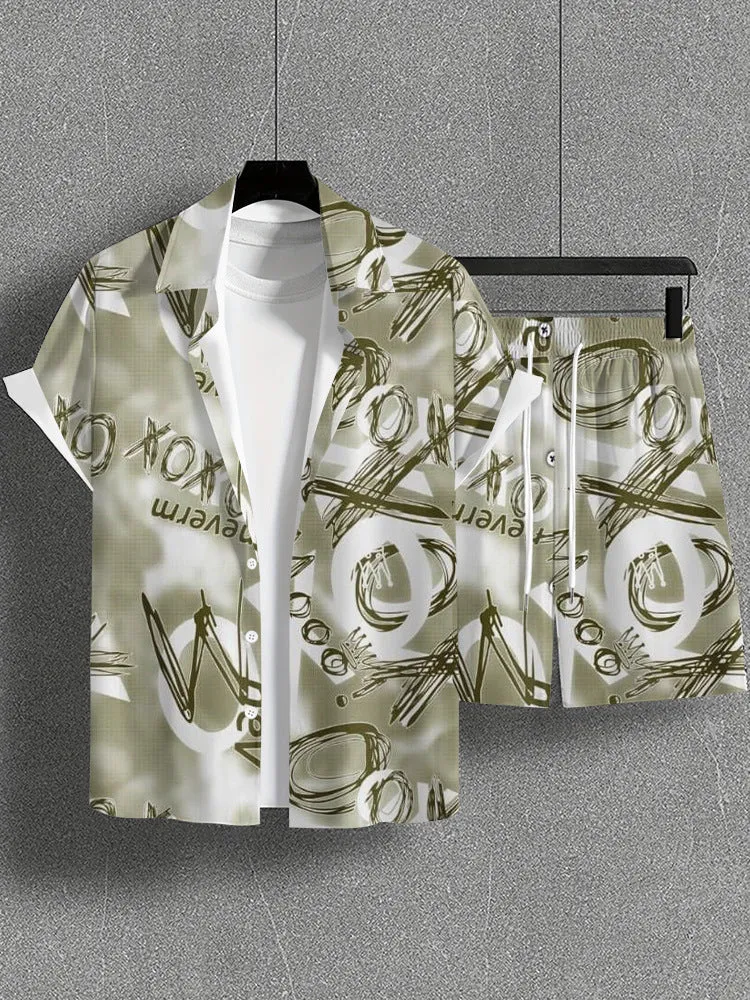 Men's wild printed short sleeve shirt and shorts set in a young casual style for summer leisure, polyester fibre blend fabric