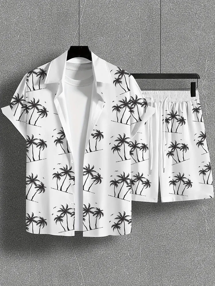 Men's wild printed short sleeve shirt and shorts set in a young casual style for summer leisure, polyester fibre blend fabric
