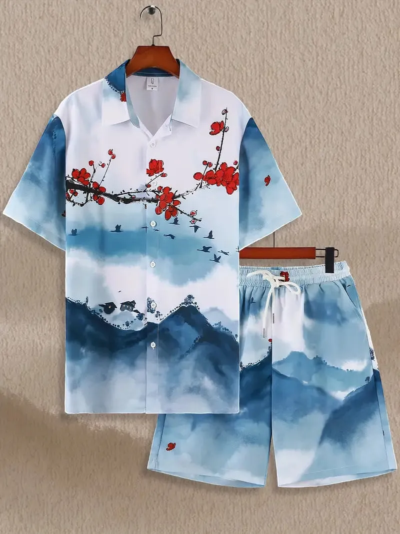 Men's wild printed short sleeve shirt and shorts set in a young casual style for summer leisure, polyester fibre blend fabric
