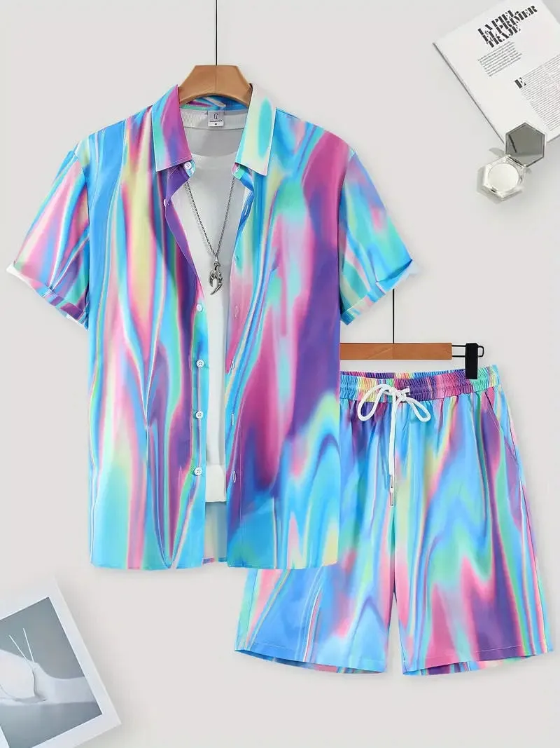 Men's wild printed short sleeve shirt and shorts set in a young casual style for summer leisure, polyester fibre blend fabric