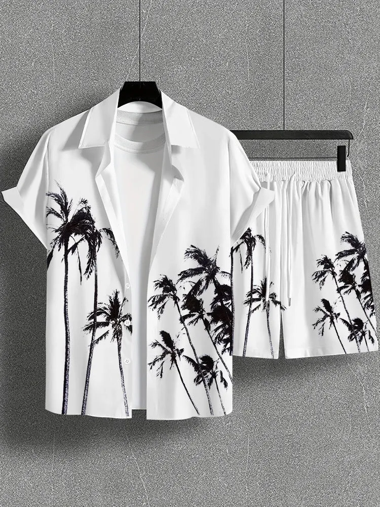 Men's wild printed short sleeve shirt and shorts set in a young casual style for summer leisure, polyester fibre blend fabric