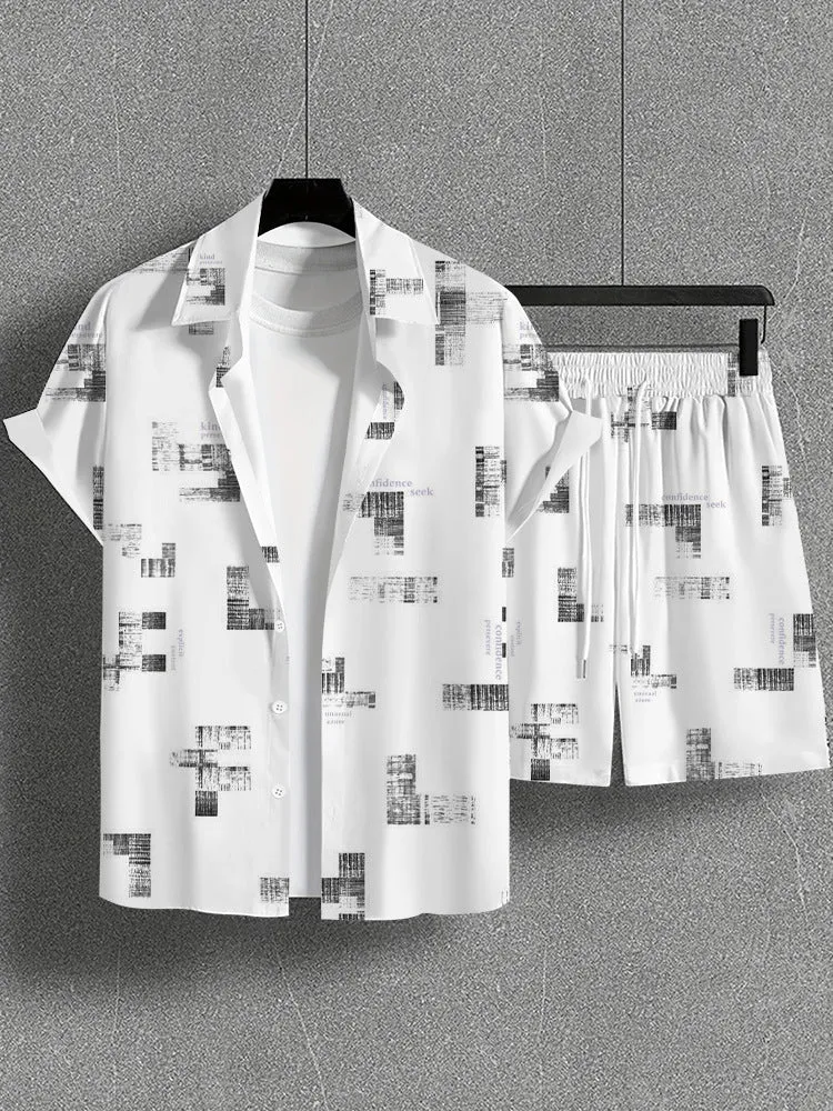 Men's wild printed short sleeve shirt and shorts set in a young casual style for summer leisure, polyester fibre blend fabric