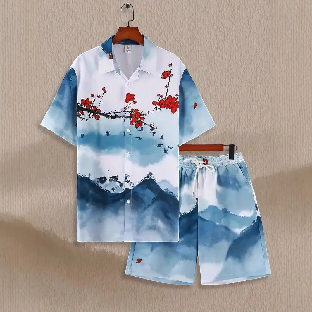 Men's wild printed short sleeve shirt and shorts set in a young casual style for summer leisure, polyester fibre blend fabric