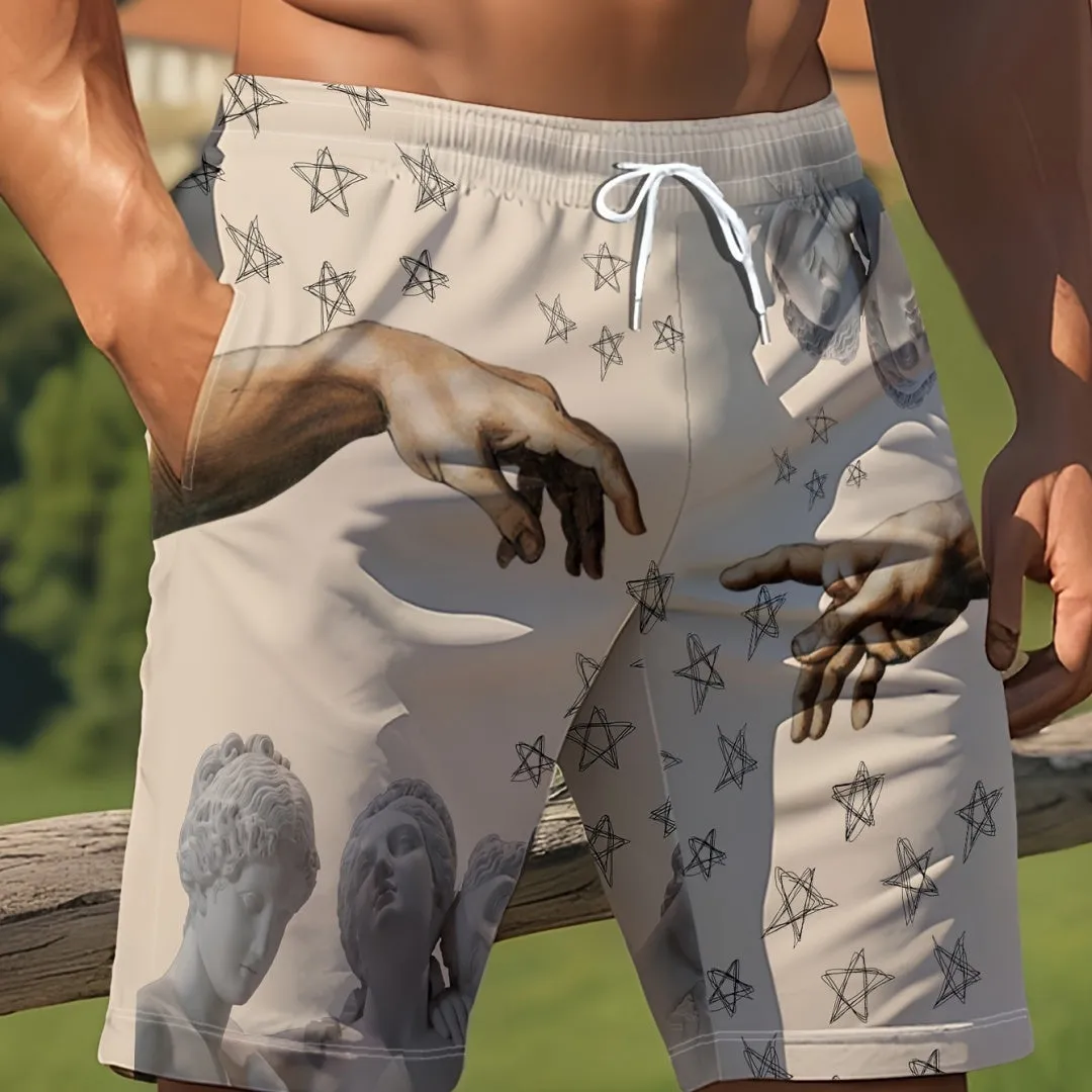 Man wearing loose-fit light grey casual summer shorts with a micro-elastic waistband.